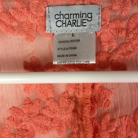 Charming Charlie gauzy lacy batwing peplum sheer top Sz L in orange - Picture 5 of 10